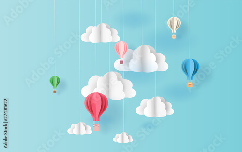 paper art style of balloons colorful color floating in air blue sky background.Creative design space for Christmas day,Festival,holiday,summer season,springtime.Good idea Pastel color.vector EPS10