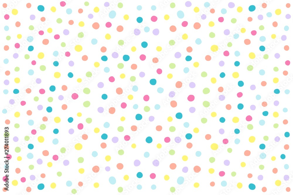 Abstract white background with multicolor polka dots. Raster graphics.