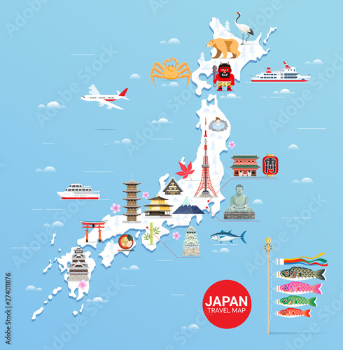 Japan famous landmarks travel map with tokyo tower, fuji mountain, shrine, castle, great buddha, temple, ferris wheel, sakura blossom, and flying fish flags colorful flat style background.