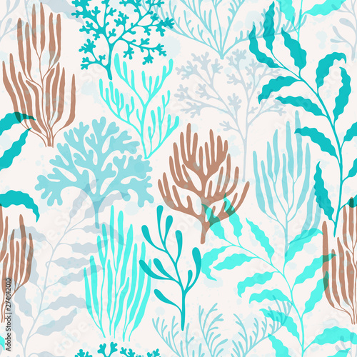 Ocean corals seamless pattern., Ocean depth undersea bottom coral reef flourish.