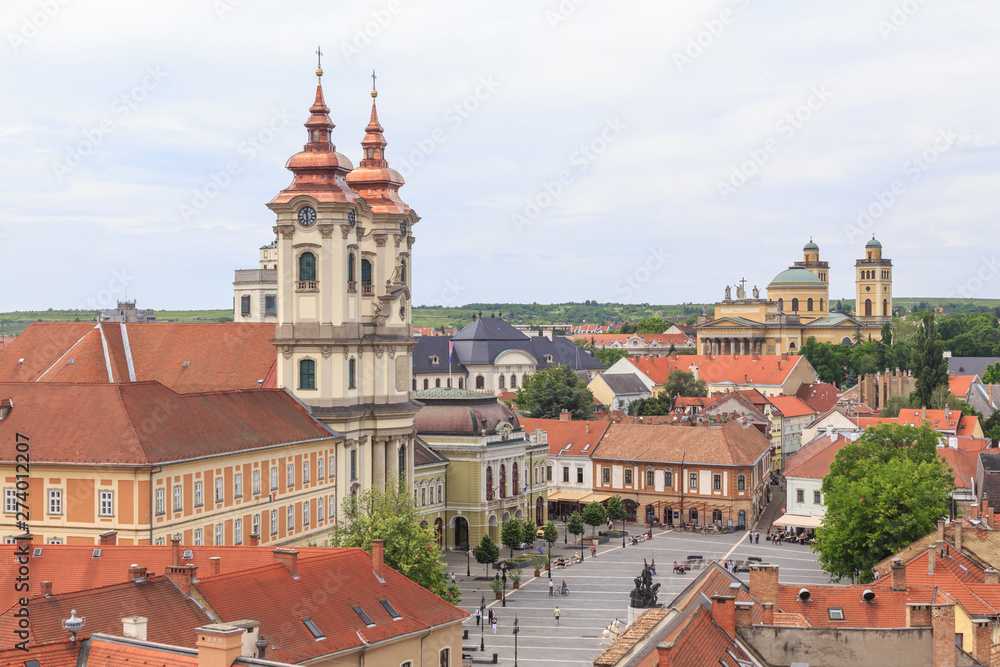 Eger, Hungary. View from castle walls towards old town and Istvan Dobo ter with Minorite Church and Cathedral Basilica in Background