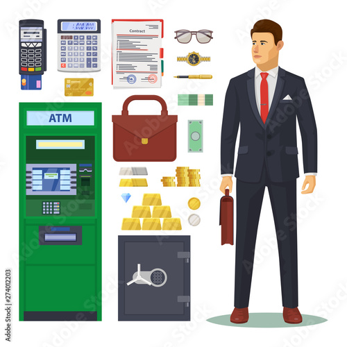 Bank icons, banker and ATM, dollar banknotes