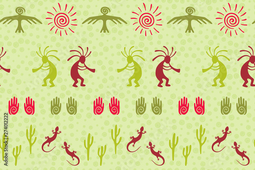 Traditional, design with trickster god, swirl icons on human palm, sun, eagle.