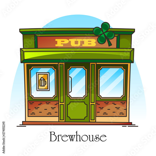Bar or pub facade in thin line. Brewery, brewhouse