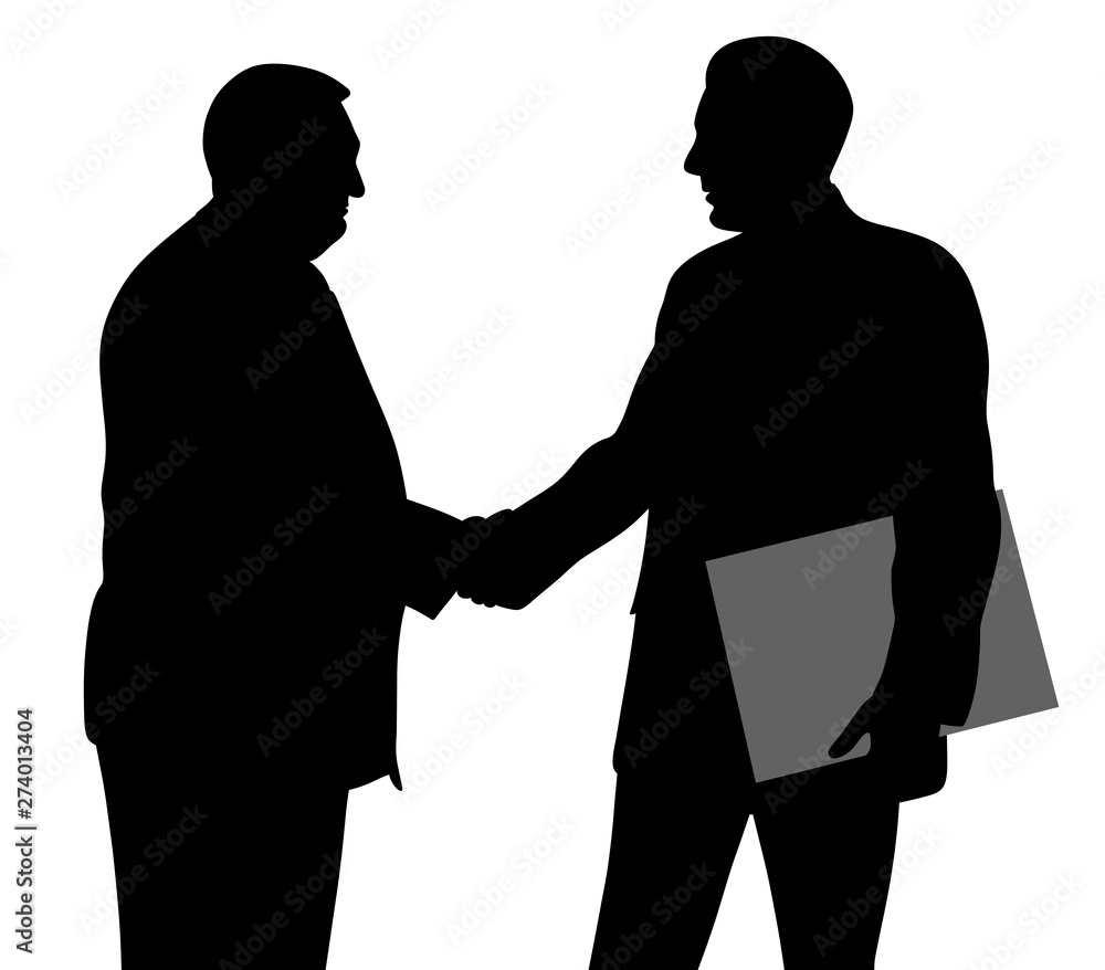 Two businessmen shaking hands and one of them holding folder with contract