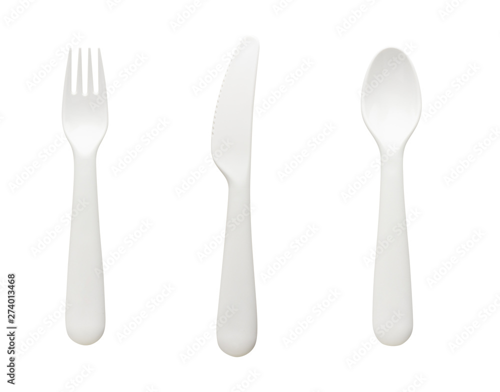 set of white plastic spoon, fork and knife isolated on white background set of white plastic spoon, fork and knife isolated on white background