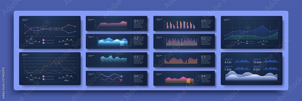 Modern infographic template with statistics graphs. Set of different graphs and charts. Infographics and diagnostics, charts and schemes vector. Business charts and graphs elements. Vector