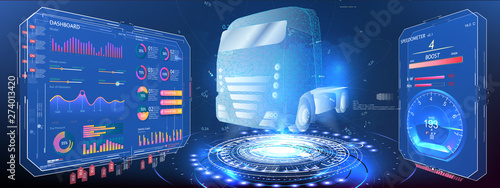 Autonomous smart truck. Unmanned vehicles. artificial intelligence controls the Autonomous truck. Hologram car style in HUD/UI/GUI. Hardware Diagnostics Condition of Car. Analysis and diagnostics auto