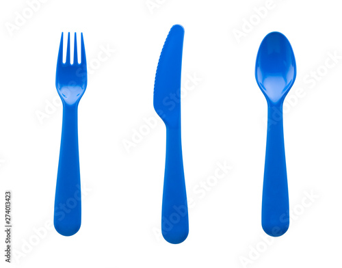 set of blue plastic spoon  fork and knife isolated on white background