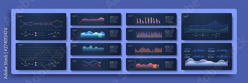 Modern infographic template with statistics graphs. Set of different graphs and charts. Infographics and diagnostics, charts and schemes vector. Business charts and graphs elements. Vector