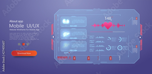 HUD UI for medical app. Futuristic user interface HUD and Infographic elements. Abstract virtual graphic touch user interface. Medical health care, human organs, virtual body hi tech diagnostic panel.