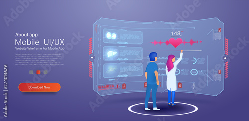 Man, the girl, the doctor looking at the dashboard, futuristic interface hud. Diagnosis of diseases, medical tests, effective treatment. Dashboard with patient health information. Vector illustration