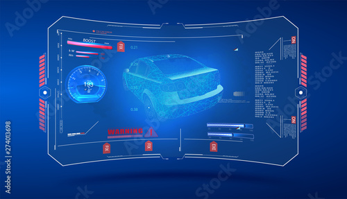Hologram car. Futuristic auto in style low poly , wireframe in line. Car service in the style of HUD, Cars infographic ui, analysis and diagnostics in the HUD, UI, GUI style, futuristic user interface