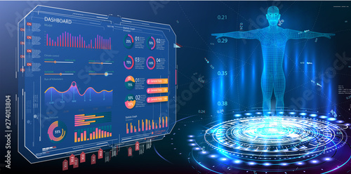 HUD, GUI, UI, dashboard element ui medical examination. Display set of virtual interface elements. Modern medical examination style. Body hologram. Data monitors, statistics and diagrams, infographic 