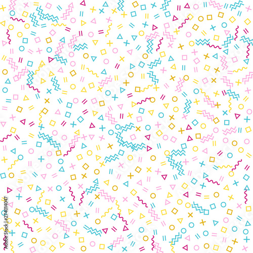Mix 80s style bauhaus pink cyan gold party confetti flying on white.