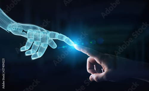 Wireframed Robot hand making contact with human hand on dark 3D rendering