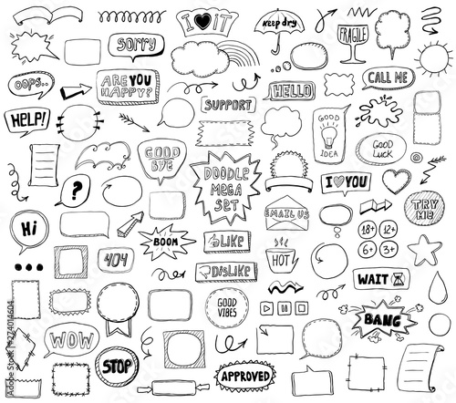 Graphic sketch elements set - doodle graphic line signs and symbols  speech bubbles  frames  phrases