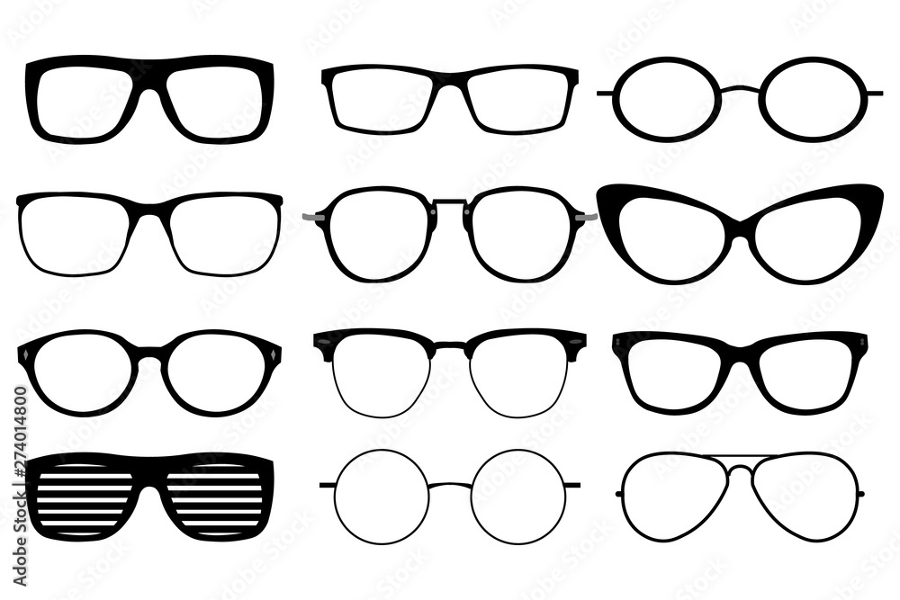 A set of glasses isolated. Vector glasses model icons. Sunglasses, glasses, isolated on white background. Silhouettes. Various shapes - stock illustration. A set of glasses isolated. Vector glasses model icons. Sunglasses, glasses, isolated on white background. Silhouettes. Various shapes - stock illustration.