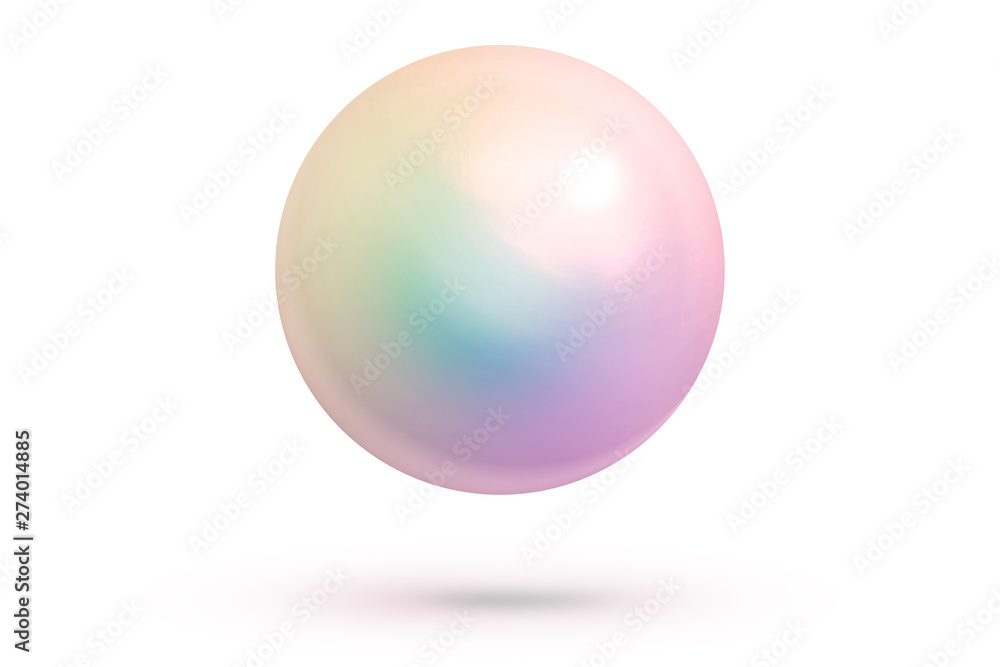 Realistic single shiny natural rainbow sea pearl with light effects isolated on white background. Spherical beautiful orb with transparent glares and highlights. Jewel gems. 3D render.