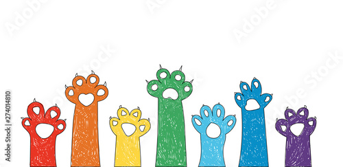Set of colored cat paws, colorful.  Rainbow. Vector illustration for your design. Can be used as logo/icon or brochure template. Easy to change colors.