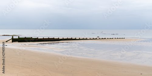 Breakwater of row wooden poles in Sea coast in web banner template