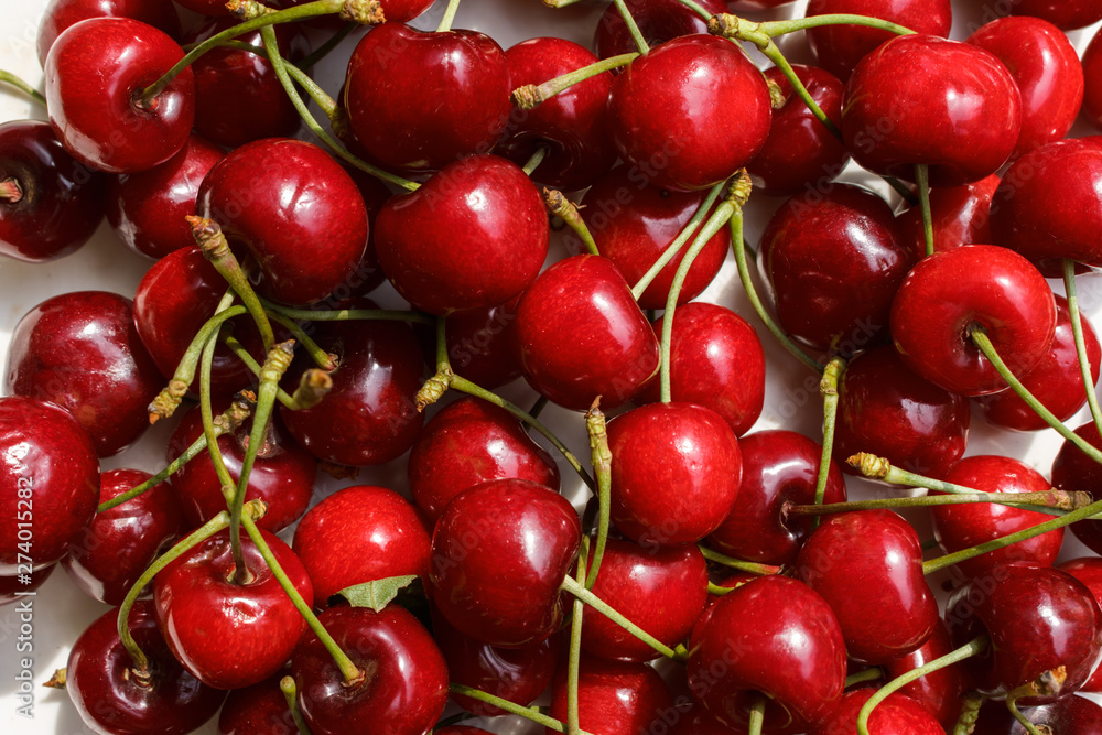 red summer sweet cherries scattered on a white table, texture with view from above. cherry just gathered in the garden. red summer sweet cherries scattered on a white table, texture with view from above. cherry just gathered in the garden.