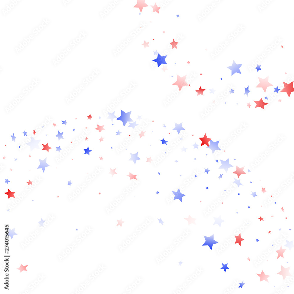 Flying red blue white star sparkles on white vector american patriotic background.