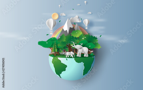 illustration of elephants in green trees forest,Creative Origami design world environment and earth day concept.Landscape Wildlife with Deer in green nature plant by rainbow,balloons.paper cut,craft