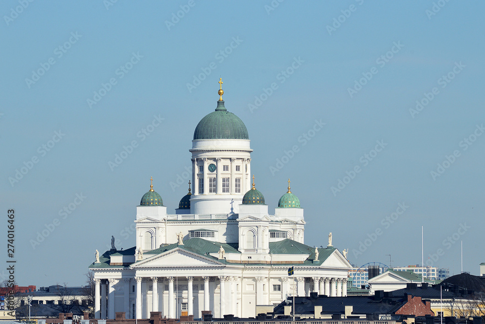 Helsinki cathedral seen from the water entering the harbour