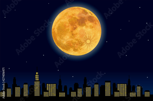都市の夜景とスーパームーン（満月）のイラスト｜super moon　ベクターデータ　背景イラスト
