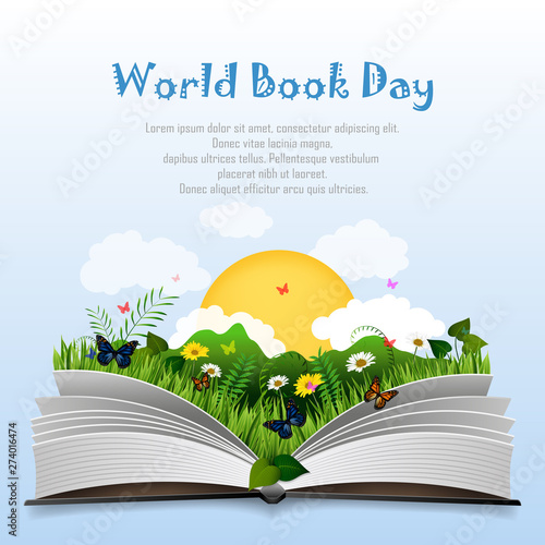 World book day with Open book and green grass
