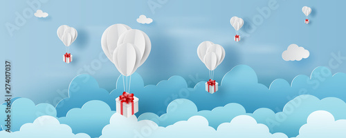 3D paper art and craft style of balloon white  floating and Gift Box on in the air blue sky.Your text space background vector.Festival decorations for card concept.Christmas,vector.illustration.EPS10