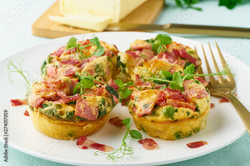 Egg muffin baked with bacon, ketogenic keto diet, pastel modern closeup