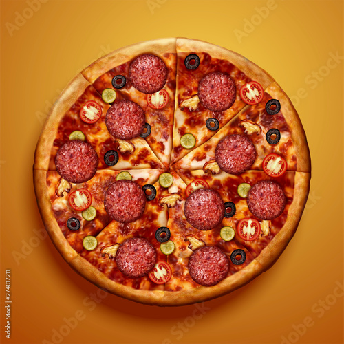 Top view of pepperoni pizza