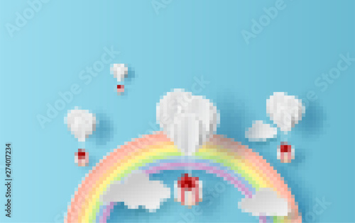 illustration summer season landscape with a rainbow on blue sky background. Balloons gift floating on air with paper art.Creative design Paper cut and craft style.pastel colorful tone simple.vector.