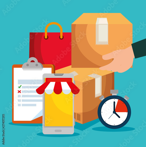 man hand with box and check list with chronometer