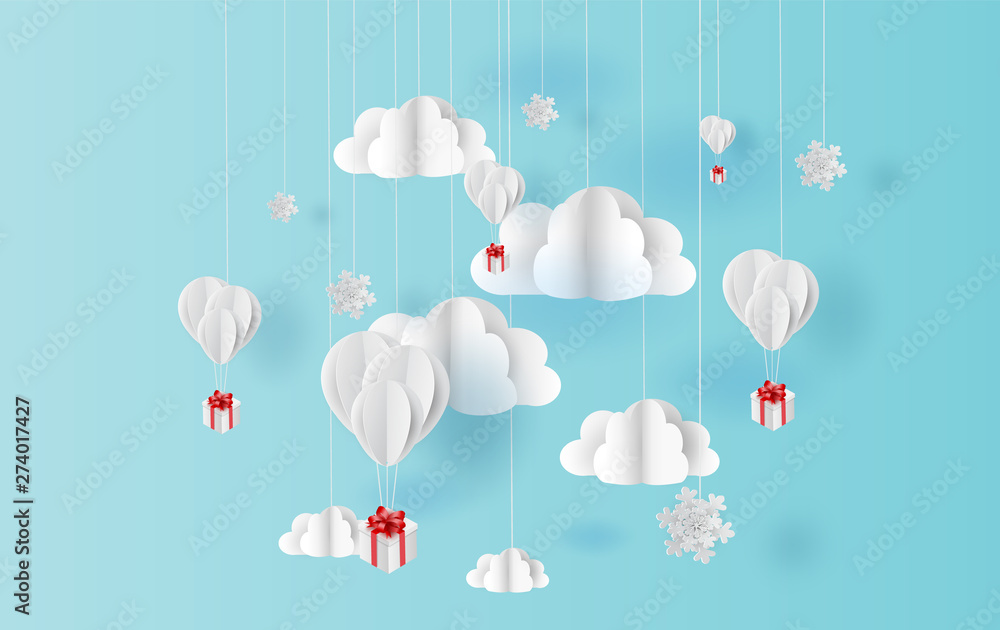 paper art style of balloons colorful color floating in air blue sky background.Creative design space for Christmas day,Festival,holiday,summer season,springtime.idea snow Pastel color.vector EPS10