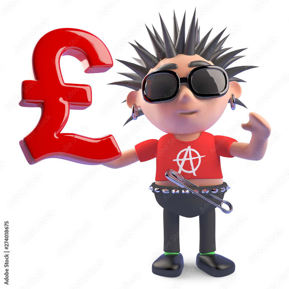 British punk holding a UK Pounds Sterling currency symbol, 3d illustration British punk holding a UK Pounds Sterling currency symbol, 3d illustration
