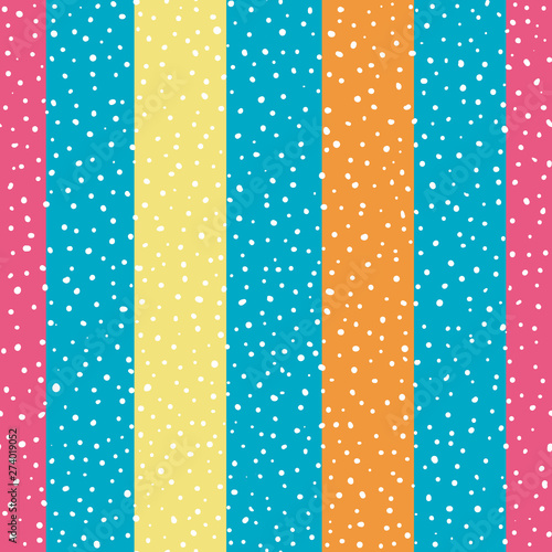 Bright orange, yellow and pink wide vertical stripes with random dots . Seamless vector pattern on sky blue background. Great for wellness, beauty, food products, packaging, kids, stationery giftwrap