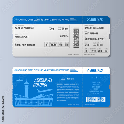 Airline boarding pass or air ticket design template. Double side Realistic Vector illustration.