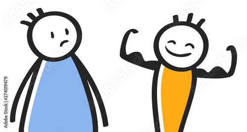 Fat man looking at fit and strong man, stick people