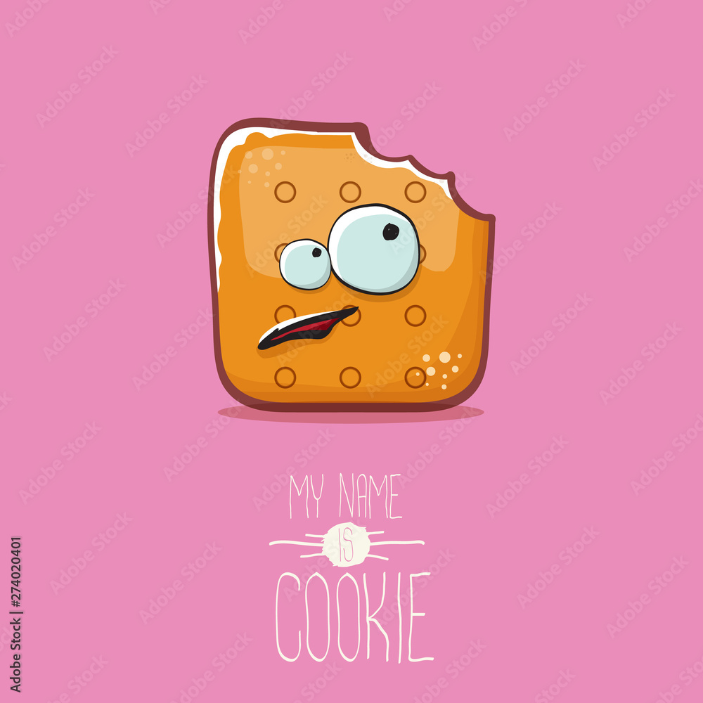 vector funny cookie character isolated on pink background. My name is cookie concept illustration. funky food character or bakery label mascot vector funny cookie character isolated on pink background. My name is cookie concept illustration. funky food character or bakery label mascot