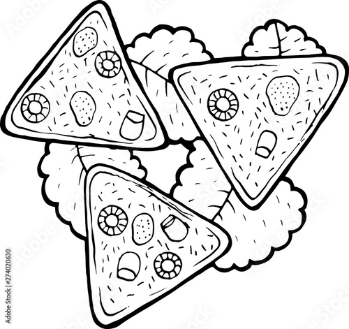 Mexican food nachos - coloring page for adults. Ink artwork. Graphic doodle cartoon art. Vector illustration