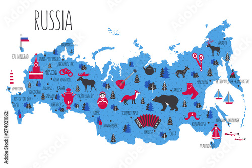 Obraz na płótnie Russia cartoon travel vector map isolated, landmark Kremlin palace, Moscow, russ