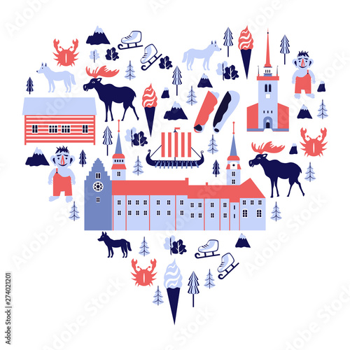 Norwegian heart frame cartoon vector winter backdrop, Norway landmark Akershus Fortress, Sunnmore Museum, Narvik mosque, traditional food, wild animal, building Scandinavian decorative cityscape flat