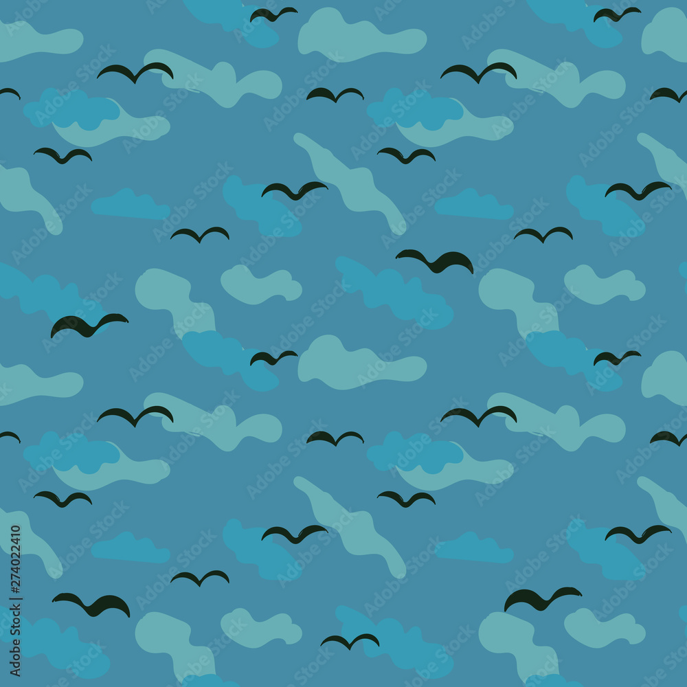 Seamless vector pattern with black birds on blue cloudy background. Surface print design Seamless vector pattern with black birds on blue cloudy background. Surface print design