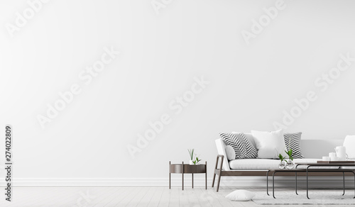 Scandinavian style interior with sofa and coffe table. Empty wall mock up in minimalist interior. 3D illustration. photo