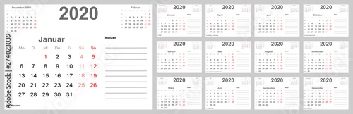Kalender 2020 für Deutschland mit Feiertagen, Platz für Notizen und oben mit vorherigem und folgendem Monat. Set mit 12 einzelnen Monaten. Wochenstart Montag.
