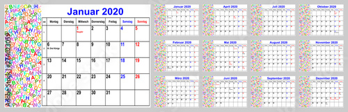 Kalender 2020 für Deutschland mit Feiertagen, mit verschiedenen bunten Buchstaben im linken Bereich. Set mit 12 einzelnen Monaten. Wochenstart Montag.