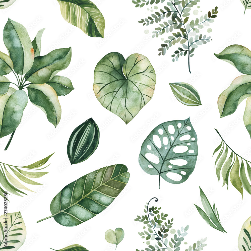 Watercolor Tropical seamless texture.Pattern with green leaves,branches,palm leaf.Perfect for wedding,wallpaper,print,packaging and cover design and your unique creation. - obrazy, fototapety, plakaty 